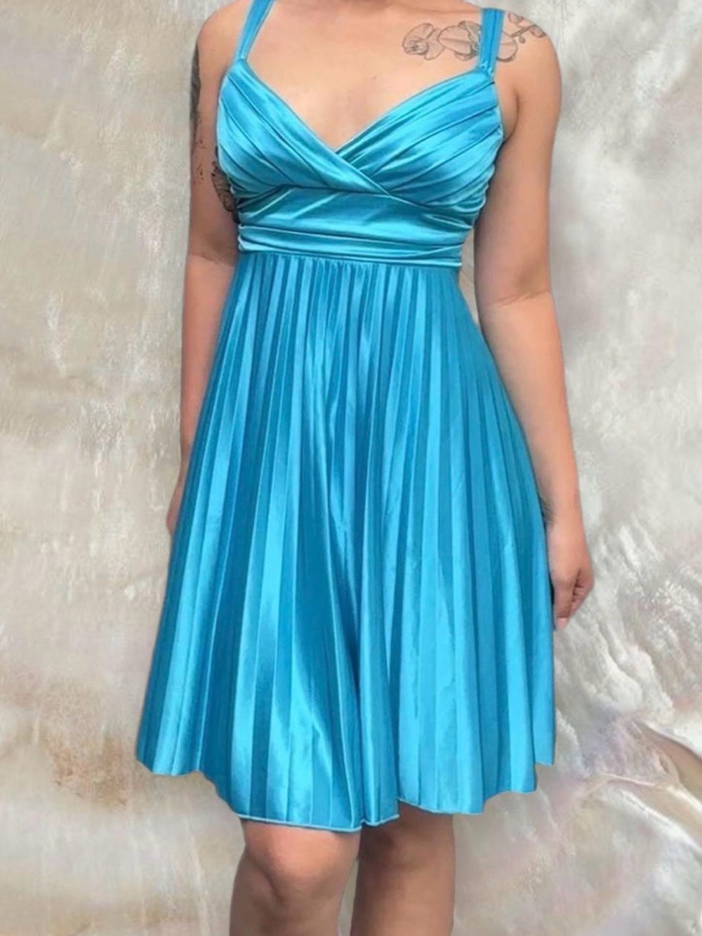 Y2K 2000s Trixxi Shiny Satin Aqua Pleated Mini Dress Fairycore Homecoming